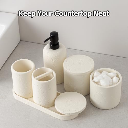 Bathroom Accessories Set,4 PCS Travertine Stone Look Collection,Cream