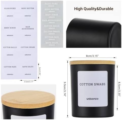 2 Pack Glass Qtip Holder Dispenser Set - Q Tip Holder for Bathroom Canister Qtip Dispenser with Lid for Cotton Balls, Swabs, Floss Picks, and Makeup Sponges ,Black,Large Capacity