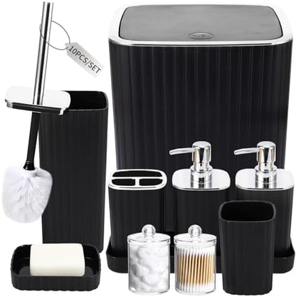 XLHOMO Bathroom Accessories Set - Gorgeous Bathroom Set, 10PC Black Bathroom Accessory Set, Toilet Brush, Trash Can, Qtip Holder & Soap Dispenser