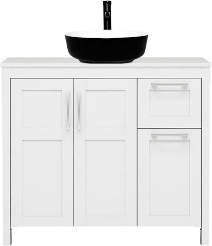 YOURLITE 36" White Bathroom Vanity, 36" White Bathroom Vanity Sink Combo with Black White Ceramic Basin Faucet & Pop Up Drain Set