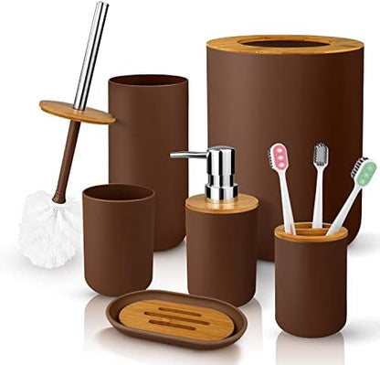 Bathroom Accessory Set, 6 Pcs Bathroom Essential Includes Toothbrush Holder, Toilet Brush with Soap Dispenser, Toothbrush Cup, Soap Dish, Trash Can (Brown, Bamboo)