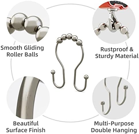 Shower Curtain Hooks Brushed Nickel Shower Curtain Rings Rust Proof, Bathway Balanced Smooth Glide Double Shower Curtain Hooks, Sturdy Shower Hooks for Shower Curtain 12 Pcs Shower Rod Hooks
