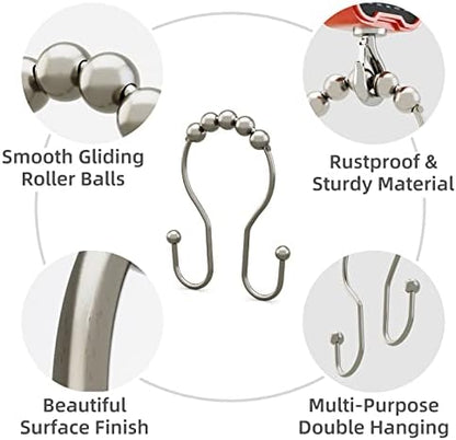 Shower Curtain Hooks Brushed Nickel Shower Curtain Rings Rust Proof, Bathway Balanced Smooth Glide Double Shower Curtain Hooks, Sturdy Shower Hooks for Shower Curtain 12 Pcs Shower Rod Hooks