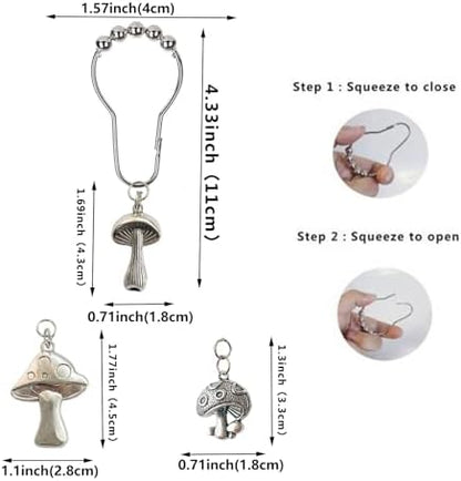 Mushroom Shower Curtain Hooks, 12Pcs Rustproof Metal Cute Retro Mushroom Shower Curtain Hooks Rings for Boho Fairy Forest Country Cottagecore Style Home Bathroom Decor (Silvery)