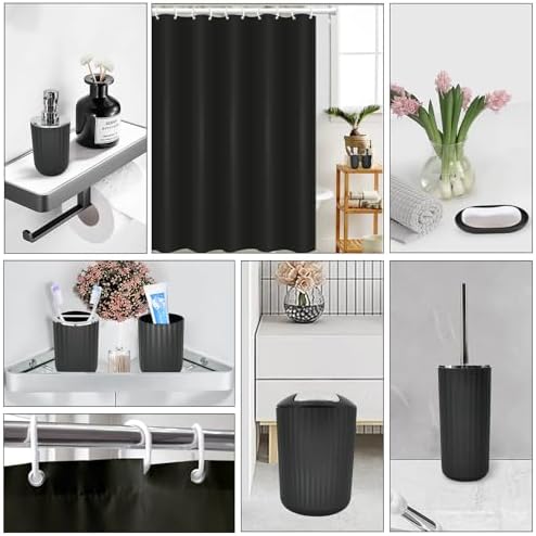 Black Bathroom Accessories Set, 10Pcs Bathroom Accessory Sets Complete with Trash Can, Shower Curtain, Vanity Tray, Soap Dispenser, Soap Dish, Toothbrush Holder&Cup, Toilet Brush&Holder, Qtip Holder