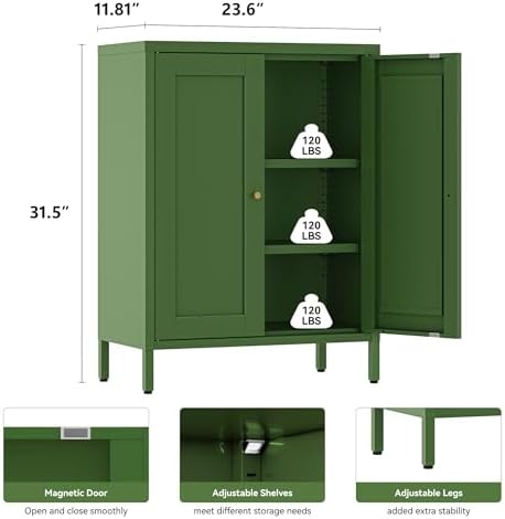 YAUWOH Small Metal Cabinet, Storage Cabinet with 2 Adjustable Shelves and 2 Doors,Freestanding Sideboard for Small Spaces, Living Room, Home Office, Dining Room(1PC,Forest Green)