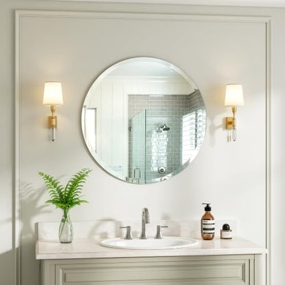 32 Inch Frameless Round Bathroom Mirror, Beveled Edge Wall Mirror, Modern Elegant Vanity Mirror for Bathroom Living Room Entryway