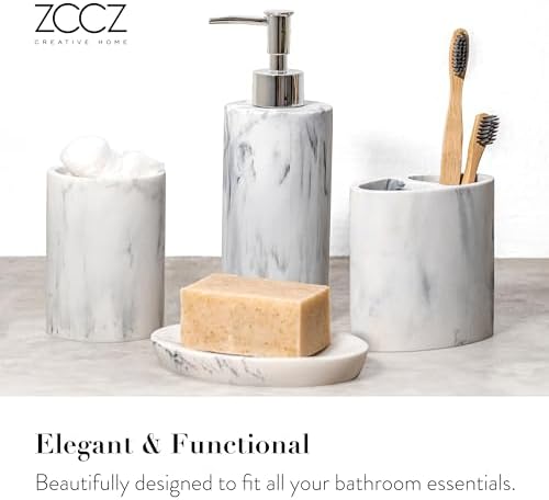 ZCCZ Bathroom Accessory Set, 4 Pcs Marble Look Bathroom Vanity Countertop Bathroom Décor Sets Accessories with Soap Dispenser, Toothbrush Holder Set, Tumbler, Soap Dish (White Marble Look Rounded)