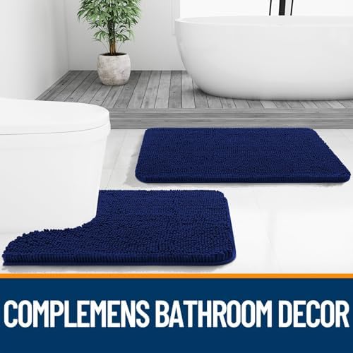 OLANLY Chenille Bathroom Rugs Mats Sets 2 Piece, 36"x24"+24"x20", Navy