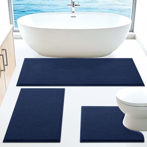 Memory Foam Bath Mat Set 3 Piece, Ultra Soft Absorbent Waffle Bathroom Rugs, Super Non-Slip PVC Backing Bath Rug Quick Dry, Machine Washable Rug for Tub, Shower, Home Decor Accessory, Navy Blue