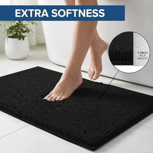 Bathroom Rugs Sets 2 Piece,Super Absorbent Chenille Bath Mats and U-Shaped Toilet Rug,Strong PVC Non Slip Backing,Microfiber Washable Dry Quickly Bath Mats for Bathroom(20"x32"+20"x20"U, Black)