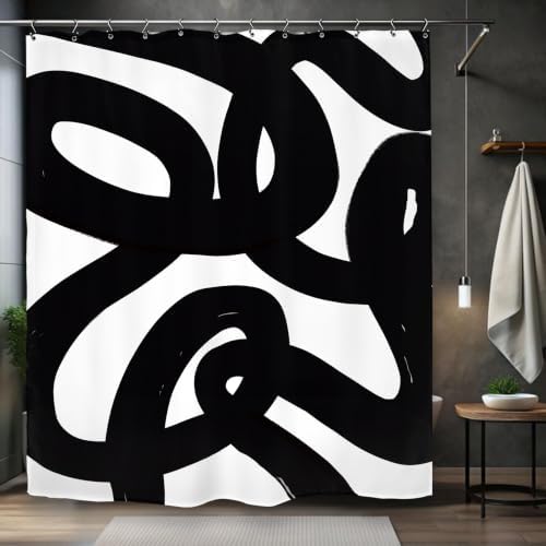 Abstract Black White Shower Curtain 60Wx72L Inch Modern Minimalist Geometric Contemporary Geometric Line Neutral Simple Bathroom Set Accessories Decor with 12 Pack Hooks