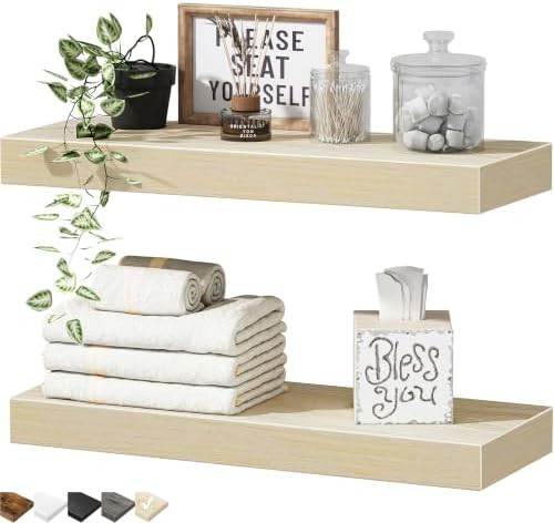 QEEIG Bathroom Floating Shelves for Wall - 15.7" Wall Mounted Shelf Over Toilet Farmhouse Home Decor Display Bookshelf Small 15.7 x 6.7 inch Set of 2, Natural (008-40N)