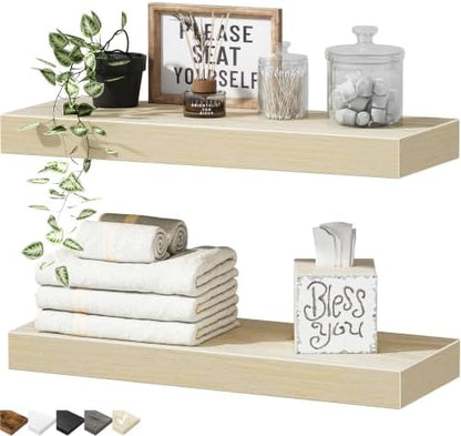 QEEIG Bathroom Floating Shelves for Wall - 15.7" Wall Mounted Shelf Over Toilet Farmhouse Home Decor Display Bookshelf Small 15.7 x 6.7 inch Set of 2, Natural (008-40N)