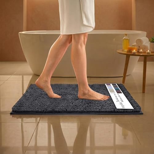 MAYSHINE Small Plush Shaggy Chenille Bath Mat 23"x14" Extra Soft, Super Absorbent, Non-Slip Bathroom Rug | Fluffy Microfiber, Area Rug Sets for Bathroom Floor, Kitchen, Living Room |Charcoal Gray