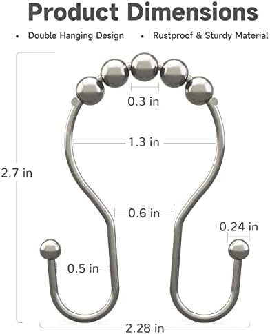 Shower Curtain Hooks Brushed Nickel Shower Curtain Rings Rust Proof, Bathway Balanced Smooth Glide Double Shower Curtain Hooks, Sturdy Shower Hooks for Shower Curtain 12 Pcs Shower Rod Hooks