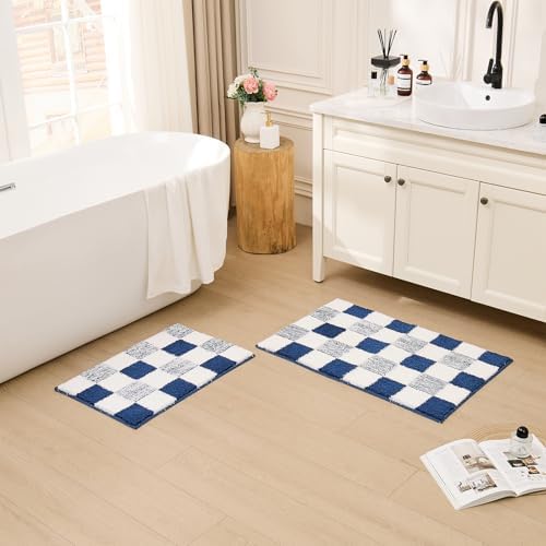 CozeCube Navy Blue Checkered Bath Mat 36"x24" Non Slip Washable Rug