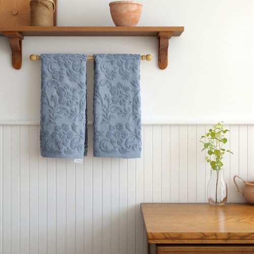 SmoothNovelty 2 Pcs Blue Floral Jacquard Hand Towels for Bathroom