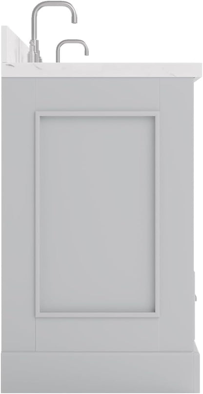 ARIEL Stafford 84-inch Bathroom Vanity with Sink,Solid Wood, 1.5in Carrara White Quartz Countertop & Backsplash, Double Oval Porcelain Sink, 4 Soft Closing Doors, 5 Dovetail Drawers, Grey