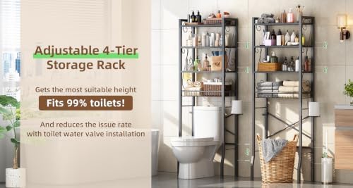 Over-The-Toilet Storage Rack 4-Tier,Bathroom Organizer Shelf Over Toilet,Adjustable Wooden Shelves and Basket,Freestanding Above Toilet Shelf,Space Saver for Rooms(Black Rack-Black Shelves)