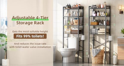 Over-The-Toilet Storage Rack 4-Tier,Bathroom Organizer Shelf Over Toilet,Adjustable Wooden Shelves and Basket,Freestanding Above Toilet Shelf,Space Saver for Rooms(Black Rack-Black Shelves)