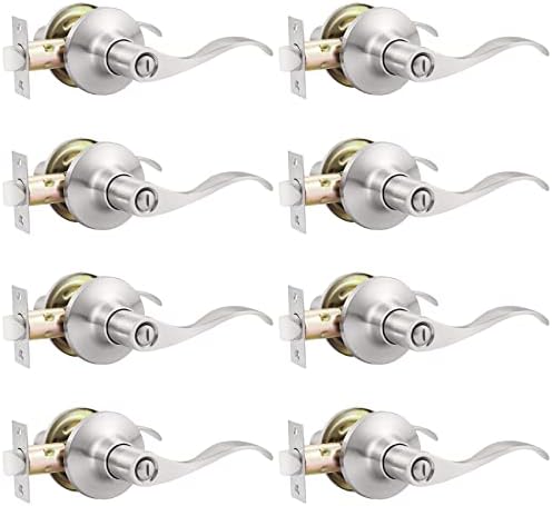 GOBEKOR 8 Pack Brushed Nickel Privacy Door Levers Bedroom Bathroom Door Handles Keyless Interior Door Handles with Lock Bedroom Door Handles Hardware