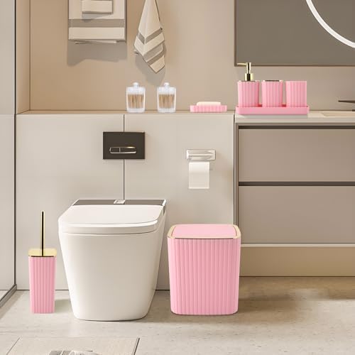 XLHOMO Pink Bathroom Accessories Set - Gorgeous Bathroom Set, 10PC Bathroom Accessory Set, Toilet Brush, Trash Can, Qtip Holder & Soap Dispenser