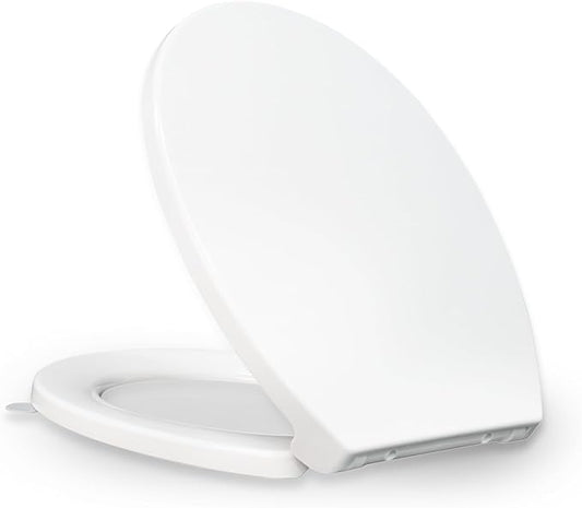 KHE Elongated Toilet Seat 18.5 Inch, Soft Close Toilet Seat with No-Touch Handle, Quick Release for Easy Cleaning, Non-Slip Bumpers, Durable PP, White