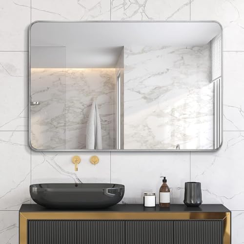 VooBang Bathroom Mirror 30x40 inch, Silver Gorgeous Deep Frame Wall Mirror, Modern Round Corner Bathroom Vanity Mirror for Bedroom, Living Room, Hanging or Leaning Horizontal or Vertical, Silver