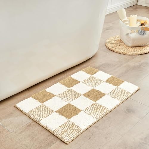 CozeCube Bath mats for Bathroom Non Slip, Fluffy Absorbent Microfiber Bath mat Washable, Aesthetic Bathroom Rugs, Checkered Bath mat, Light Brown, 32" x 20"