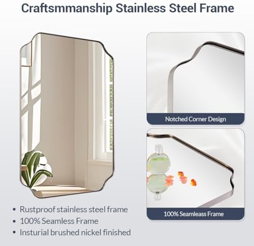 MIRRORART 22X30'' Brushed Nickel Scalloped Mirrors for Bathroom, Modern Notched Corner Bathroom Rectangle Vanity Mirror in 1’’ Antirust Stainless Steel Metal Frame Wall Mounted for Over Sinks