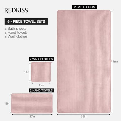 REDKISS Pink Microfiber Bath Towels Set 6 Piece - 70x35 Inches Oversized Bathroom Towels of 6 Large,Highly Absorbent Soft Shower Towels for Hotel, Gym 2 Bath Sheet 2 Hand Towel 2 Washcloths
