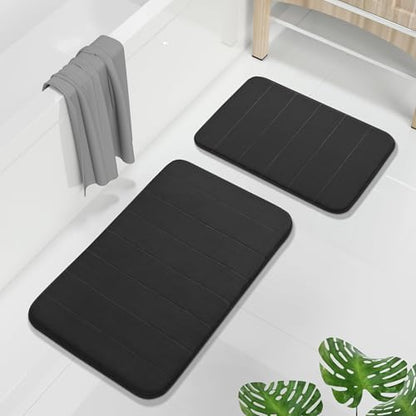 Yimobra Memory Foam Bathroom Rugs Sets 2 Piece - Super Soft Absorbent Quick Dry Bath Mat Set, Machine Washable Non Slip Floor Carpet for Tub Shower & Single Sink (17x24 & 31.5x20 Inch, Black)