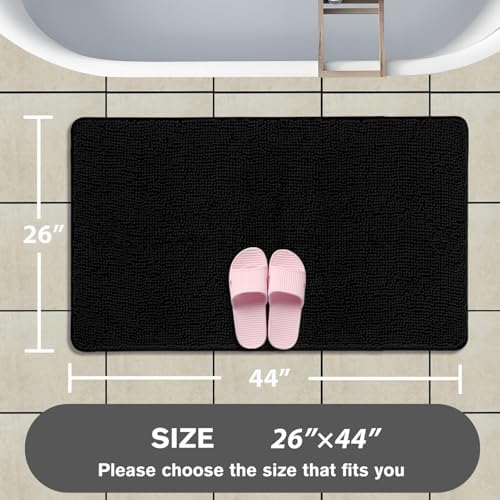 Black Bathroom Rug – Absorbent and Washable Bath Mat, Non-Slip, Thick Soft Chenille Bath Rugs for Bathroom Floor, Shower, Sink - 26" x 44"
