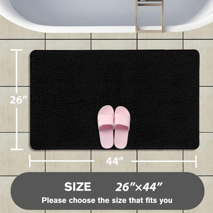 Black Bathroom Rug – Absorbent and Washable Bath Mat, Non-Slip, Thick Soft Chenille Bath Rugs for Bathroom Floor, Shower, Sink - 26" x 44"