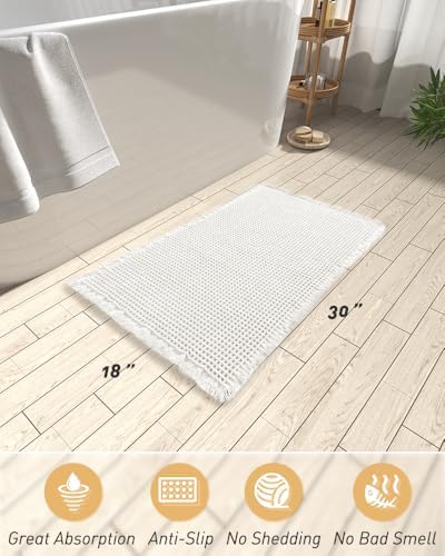 AMOAMI Upgraded Waffle Bath Mat, Super Absorbent Non Slip Bath Mats for Bathroom Floor, Machine Washable Bathroom Rugs with Tassels, Rubber Backed Bathroom Mats, Ultra Soft, 18" x 30", White