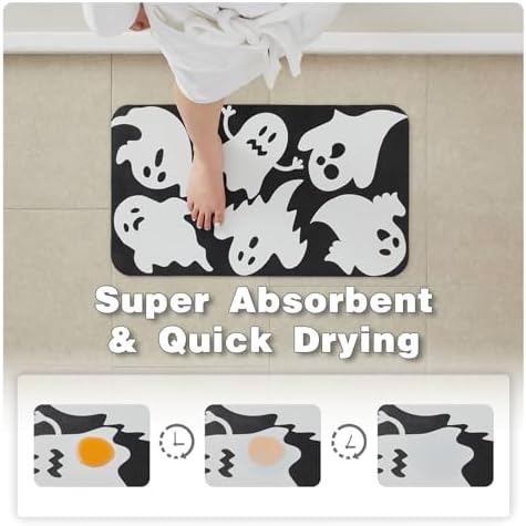 TYUU Thin Halloween Bath Mat, Non-Slip Washable, 17x30 Black Ghosts
