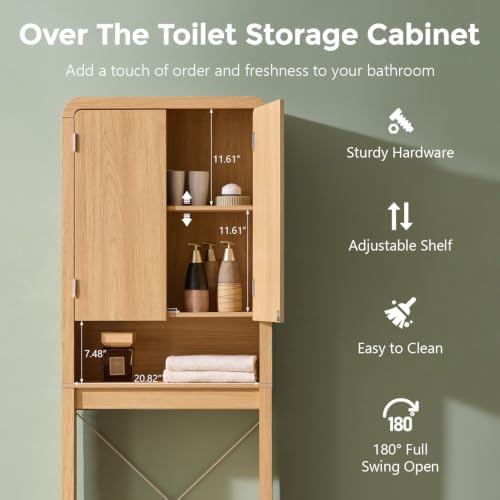Over the Toilet Storage Cabinet, 69.69" Curved Bathroom Storage Organizer Cabinet with Doors and Adjustable Shelves, Wooden Free Standing Toilet Space Saver Rack, Natural