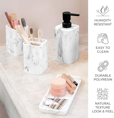 ZCCZ Bathroom Accessory Sets, 4 Pieces Bathroom Accessories Complete Set Vanity Countertop Accessory Set with Marble Look, Includes Lotion Dispenser, Toothbrush Holder and Tray (White Marble Look)