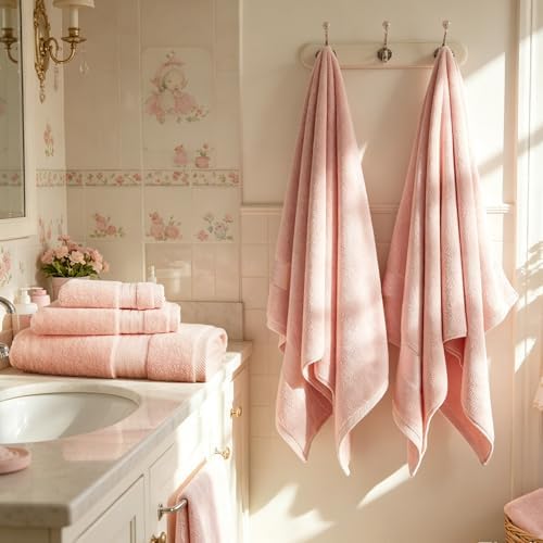 COZYART Luxury Bath Towel Set 6 Pcs, Soft Pink 100% Turkish Cotton 650 GSM