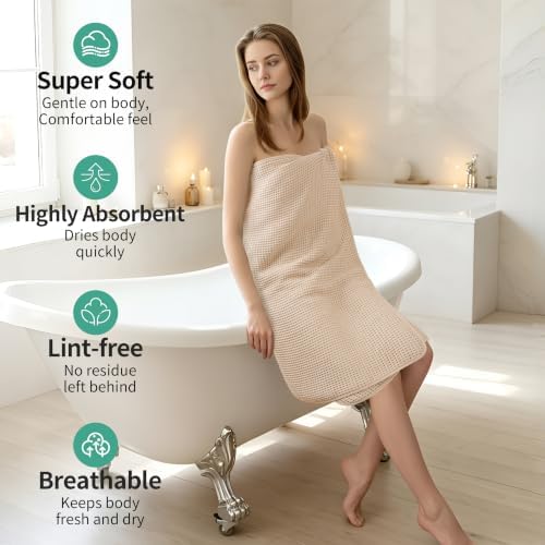 Microfiber Waffle Bath Towels, 4 Pieces, Soft, Absorbent, Fast Drying, Lint Free 430 GSM (27''x55''/68.58 cm x139.7 cm) (Gray+Champagne)