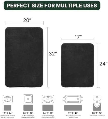 H.VERSAILTEX Bath Mat Memory Foam Set Bathroom Rug Set Flannel Velvety Bath Mat Luxury Extra Soft and Absorbent Non Slip Rugs for Bathroom/Bedroom Washable(2 Pack- 20"x 32"/ 17"x 24", Black)