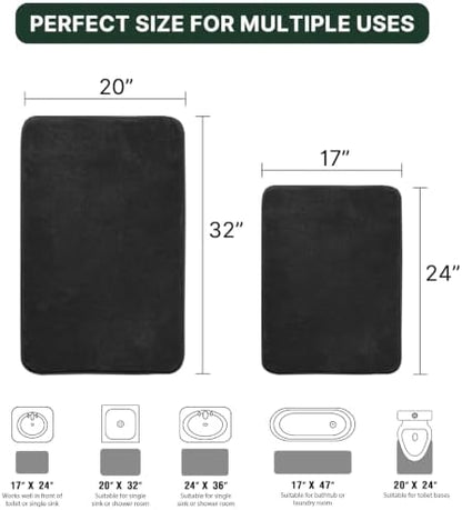 H.VERSAILTEX Bath Mat Memory Foam Set Bathroom Rug Set Flannel Velvety Bath Mat Luxury Extra Soft and Absorbent Non Slip Rugs for Bathroom/Bedroom Washable(2 Pack- 20"x 32"/ 17"x 24", Black)