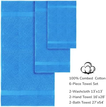 Feather & Stitch 100% Cotton Bath Towel Set of 6, 625 GSM Ultra Soft Highly Absorbent 2 Bath Towels, 2 Hand Towels & 2 Washcloth - Luxury Quick Dry Shower Towels. (Deep Cyan)