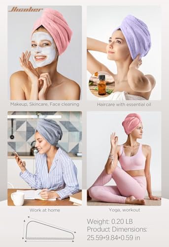 Hicober Microfiber Hair Towel Wrap for Women, Pink Purple Grey, 3-Pack