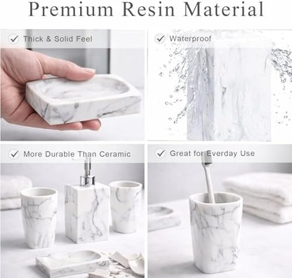 5 Piece Bathroom Accessories Set, Marble Resin Bathroom Vanity Set, Soap Dispenser, Toothbrush Holder, Soap Dish & 2 Tumblers, Bathroom Countertop Organizer Set (Ink White)