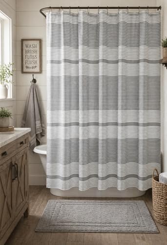 Serafina Home Striped Silver Light Grey Gray & White Cotton Shower Curtain