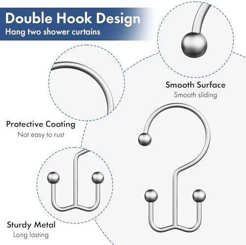 Bathway Shower Curtain Hooks Silver Shower Curtain Rings, 12 Pcs Double Hook Shower Curtain Hooks Rings Shower Curtain Hangers Rust Proof, Metal Shower Hooks for Bathroom Shower Curtain Rod