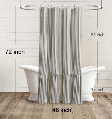 Farmhouse Shower Curtain Ruffle Linen Cream-Black Stripe 48"W x 72"L