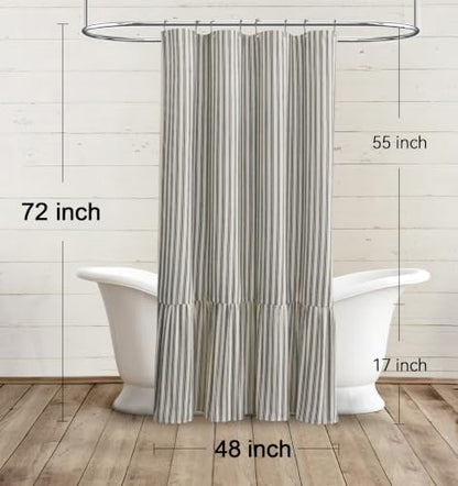 Farmhouse Shower Curtain Ruffle Linen Cream-Black Stripe 48"W x 72"L